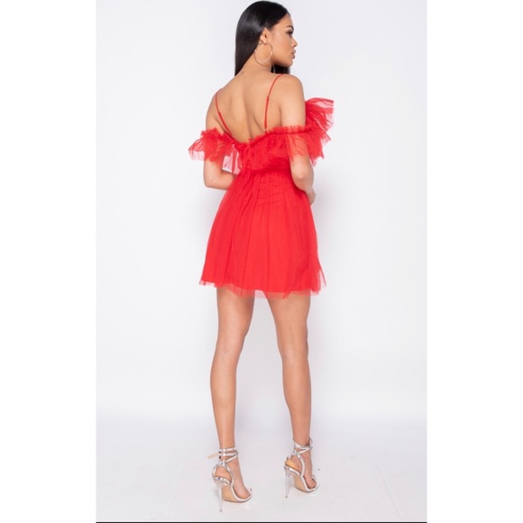 Red Sexy Sheer Mesh Front Ruffle Detail Mini Dress - Picture 4 of 6